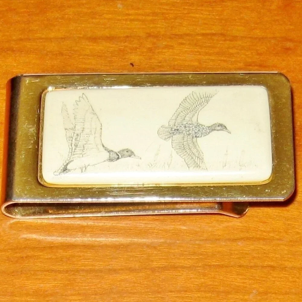 Barlow Money Clip 2 Flying Geese Gold Tone Scrimshaw  2